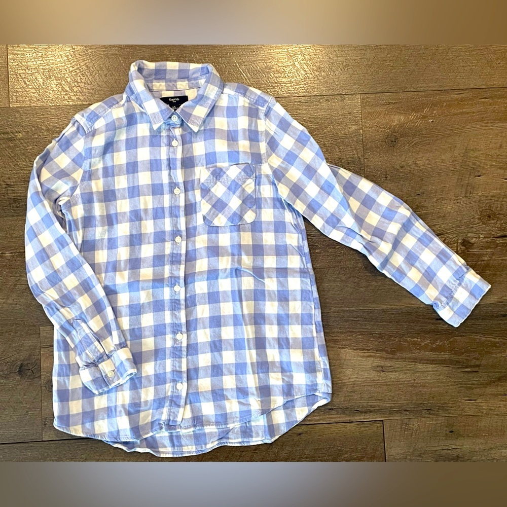GAP Kid’s Light Blue and White Gingham Plaid  Button Down Shirt Size L 10-11 yrs